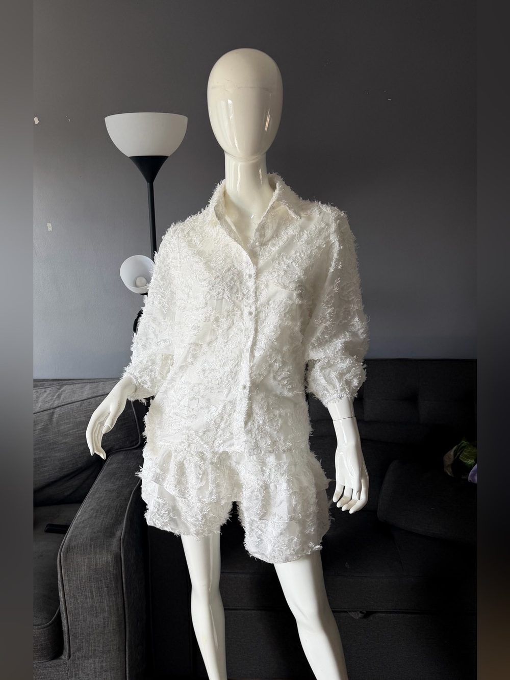 White Textured Button-Front Shirt & Shorts Set - Women